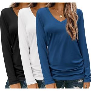 imageZeagoo Womens T Shirts Long Sleeve V Neck Basic Tee Soft Casual Loose Fit Fall Tops Outfits 2025Black  White  Dark Blue