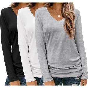 imageZeagoo Womens T Shirts Long Sleeve V Neck Basic Tee Soft Casual Loose Fit Fall Tops Outfits 2025Black  White  Grey