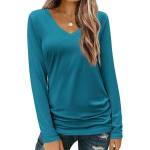 imageZeagoo Womens T Shirts Long Sleeve V Neck Basic Tee Soft Casual Loose Fit Fall Tops Outfits 2025Blue Green