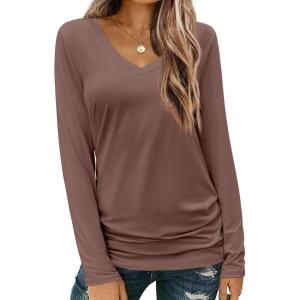 imageZeagoo Womens T Shirts Long Sleeve V Neck Basic Tee Soft Casual Loose Fit Fall Tops Outfits 2025Brown