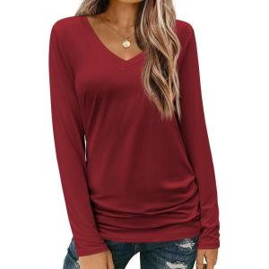 imageZeagoo Womens T Shirts Long Sleeve V Neck Basic Tee Soft Casual Loose Fit Fall Tops Outfits 2025Burgundy