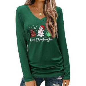 imageZeagoo Womens T Shirts Long Sleeve V Neck Basic Tee Soft Casual Loose Fit Fall Tops Outfits 2025Green Christmas