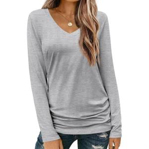 imageZeagoo Womens T Shirts Long Sleeve V Neck Basic Tee Soft Casual Loose Fit Fall Tops Outfits 2025Grey