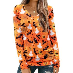 imageZeagoo Womens T Shirts Long Sleeve V Neck Basic Tee Soft Casual Loose Fit Fall Tops Outfits 2025Orange Skeleghost