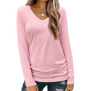 imageZeagoo Womens T Shirts Long Sleeve V Neck Basic Tee Soft Casual Loose Fit Fall Tops Outfits 2025Pink