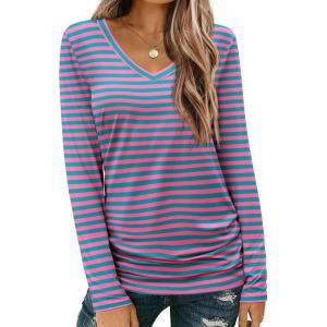 imageZeagoo Womens T Shirts Long Sleeve V Neck Basic Tee Soft Casual Loose Fit Fall Tops Outfits 2025Pink Green Striped