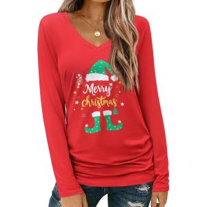 imageZeagoo Womens T Shirts Long Sleeve V Neck Basic Tee Soft Casual Loose Fit Fall Tops Outfits 2025Red Christmas