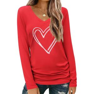 imageZeagoo Womens T Shirts Long Sleeve V Neck Basic Tee Soft Casual Loose Fit Fall Tops Outfits 2025Red Heart