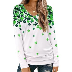 imageZeagoo Womens T Shirts Long Sleeve V Neck Basic Tee Soft Casual Loose Fit Fall Tops Outfits 2025Shamrock White