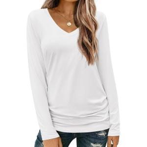 imageZeagoo Womens T Shirts Long Sleeve V Neck Basic Tee Soft Casual Loose Fit Fall Tops Outfits 2025White