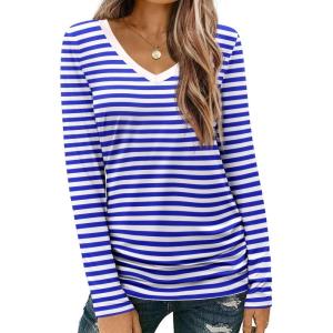 imageZeagoo Womens T Shirts Long Sleeve V Neck Basic Tee Soft Casual Loose Fit Fall Tops Outfits 2025White Blue Striped