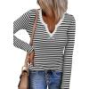 imageZeagoo Womens Long Sleeve Shirts VNeck Slim Fitted Knit Top Stretch Ribbed Basic Tee Casual Y2k Going Out TShirtBlack White Stripe