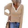 imageZeagoo Womens Long Sleeve Shirts VNeck Slim Fitted Knit Top Stretch Ribbed Basic Tee Casual Y2k Going Out TShirtCaramel White Stripe