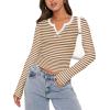 imageZeagoo Womens Long Sleeve Shirts VNeck Slim Fitted Knit Top Stretch Ribbed Basic Tee Casual Y2k Going Out TShirtCaramel White Stripe