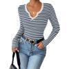 imageZeagoo Womens Long Sleeve Shirts VNeck Slim Fitted Knit Top Stretch Ribbed Basic Tee Casual Y2k Going Out TShirtNavy White Stripe