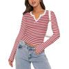 imageZeagoo Womens Long Sleeve Shirts VNeck Slim Fitted Knit Top Stretch Ribbed Basic Tee Casual Y2k Going Out TShirtRed White Stripe