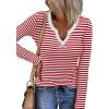 imageZeagoo Womens Long Sleeve Shirts VNeck Slim Fitted Knit Top Stretch Ribbed Basic Tee Casual Y2k Going Out TShirtRed White Stripe