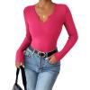 imageZeagoo Womens Long Sleeve Shirts VNeck Slim Fitted Knit Top Stretch Ribbed Basic Tee Casual Y2k Going Out TShirtRose Red