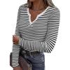 imageZeagoo Womens Long Sleeve Shirts VNeck Slim Fitted Knit Top Stretch Ribbed Basic Tee Casual Y2k Going Out TShirtBlack White Stripe