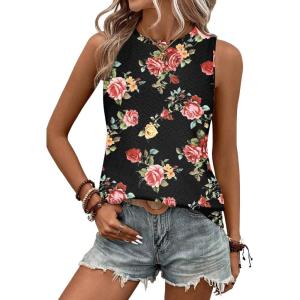 imageZeagoo Tank Tops for Women Sleeveless Eyelet Shirts High Neck Cute Summer Top Loose Fit SXXL04floral Rose