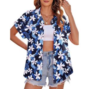 imageZeagoo Womens Hawaiian Button Down Shirts Casual Short Sleeve Floral Tropical Print Summer Blouse Tunic TopAzw38