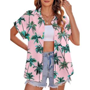 imageZeagoo Womens Hawaiian Button Down Shirts Casual Short Sleeve Floral Tropical Print Summer Blouse Tunic TopAzw47