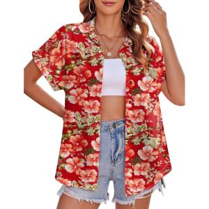 imageZeagoo Womens Hawaiian Button Down Shirts Casual Short Sleeve Floral Tropical Print Summer Blouse Tunic TopDh672