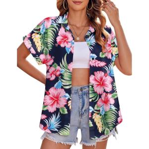 imageZeagoo Womens Hawaiian Button Down Shirts Casual Short Sleeve Floral Tropical Print Summer Blouse Tunic TopHf60