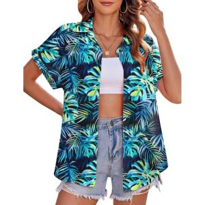 imageZeagoo Womens Hawaiian Button Down Shirts Casual Short Sleeve Floral Tropical Print Summer Blouse Tunic TopHp17