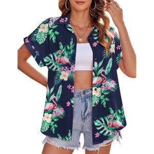 imageZeagoo Womens Hawaiian Button Down Shirts Casual Short Sleeve Floral Tropical Print Summer Blouse Tunic TopHp25
