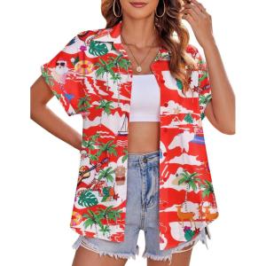 imageZeagoo Womens Hawaiian Button Down Shirts Casual Short Sleeve Floral Tropical Print Summer Blouse Tunic TopSd259
