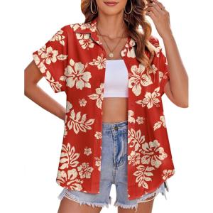 imageZeagoo Womens Hawaiian Button Down Shirts Casual Short Sleeve Floral Tropical Print Summer Blouse Tunic TopSf30