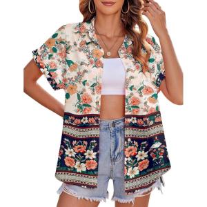 imageZeagoo Womens Hawaiian Button Down Shirts Casual Short Sleeve Floral Tropical Print Summer Blouse Tunic TopXh21