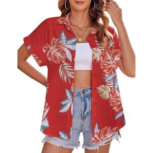 imageZeagoo Womens Hawaiian Button Down Shirts Casual Short Sleeve Floral Tropical Print Summer Blouse Tunic TopZw137