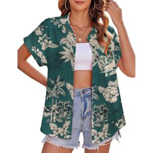 imageZeagoo Womens Hawaiian Button Down Shirts Casual Short Sleeve Floral Tropical Print Summer Blouse Tunic TopZw139
