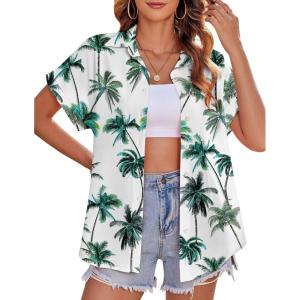 imageZeagoo Womens Hawaiian Button Down Shirts Casual Short Sleeve Floral Tropical Print Summer Blouse Tunic TopZw34