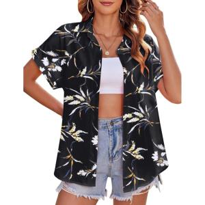 imageZeagoo Womens Hawaiian Button Down Shirts Casual Short Sleeve Floral Tropical Print Summer Blouse Tunic TopZw577