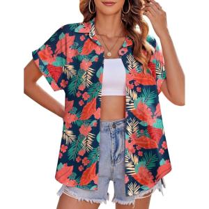 imageZeagoo Womens Hawaiian Button Down Shirts Casual Short Sleeve Floral Tropical Print Summer Blouse Tunic TopZw9