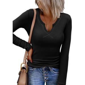 imageZeagoo Womens Long Sleeve Shirts VNeck Slim Fitted Knit Top Stretch Ribbed Basic Tee Casual Y2k Going Out TShirt01black