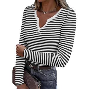 imageZeagoo Womens Long Sleeve Shirts VNeck Slim Fitted Knit Top Stretch Ribbed Basic Tee Casual Y2k Going Out TShirtBlack White Stripe