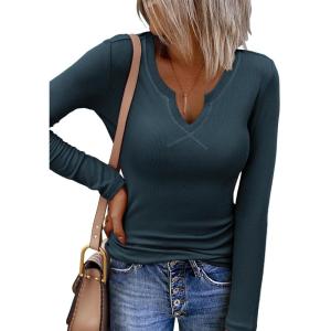 imageZeagoo Womens Long Sleeve Shirts VNeck Slim Fitted Knit Top Stretch Ribbed Basic Tee Casual Y2k Going Out TShirtBlue