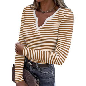 imageZeagoo Womens Long Sleeve Shirts VNeck Slim Fitted Knit Top Stretch Ribbed Basic Tee Casual Y2k Going Out TShirtCaramel White Stripe