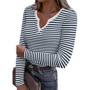 imageZeagoo Womens Long Sleeve Shirts VNeck Slim Fitted Knit Top Stretch Ribbed Basic Tee Casual Y2k Going Out TShirtNavy White Stripe
