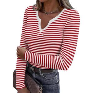 imageZeagoo Womens Long Sleeve Shirts VNeck Slim Fitted Knit Top Stretch Ribbed Basic Tee Casual Y2k Going Out TShirtRed White Stripe