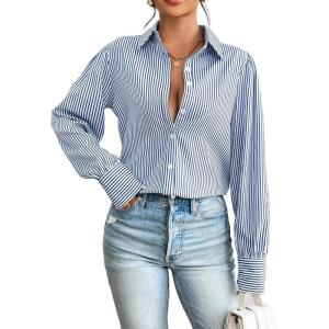 imageZeagoo Womens Shirts Button Down Printed Lantern Long Sleeve Blouse Fashion Casual Tops 20251blue Stripe