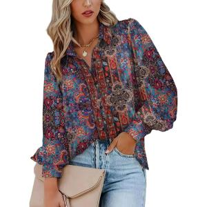 imageZeagoo Womens Shirts Button Down Printed Lantern Long Sleeve Blouse Fashion Casual Tops 20253multi Brown