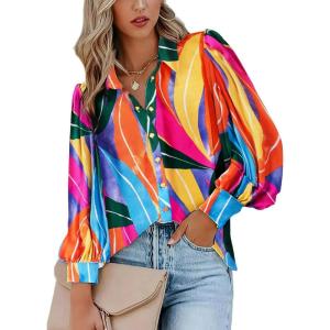 imageZeagoo Womens Shirts Button Down Printed Lantern Long Sleeve Blouse Fashion Casual Tops 2025A B1 Multicolor