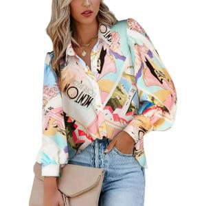 imageZeagoo Womens Shirts Button Down Printed Lantern Long Sleeve Blouse Fashion Casual Tops 2025A B2 Multicolor