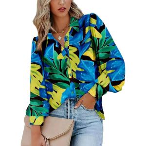 imageZeagoo Womens Shirts Button Down Printed Lantern Long Sleeve Blouse Fashion Casual Tops 2025B Blue Paradise