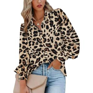 imageZeagoo Womens Shirts Button Down Printed Lantern Long Sleeve Blouse Fashion Casual Tops 2025B Leopard